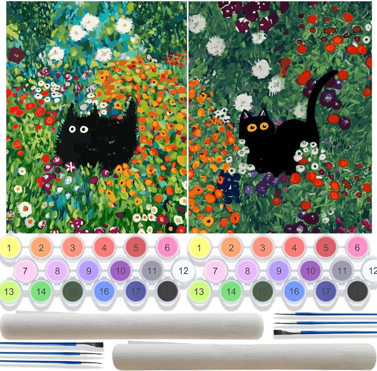 2 Pack Paint By Number Kits for Adults – Black Cat & Flowers DIY Acrylic Paint by Numbers on Canvas for Beginners, Wall Art Craft Set for Home Decor, 12x16 Inch (Unframed)